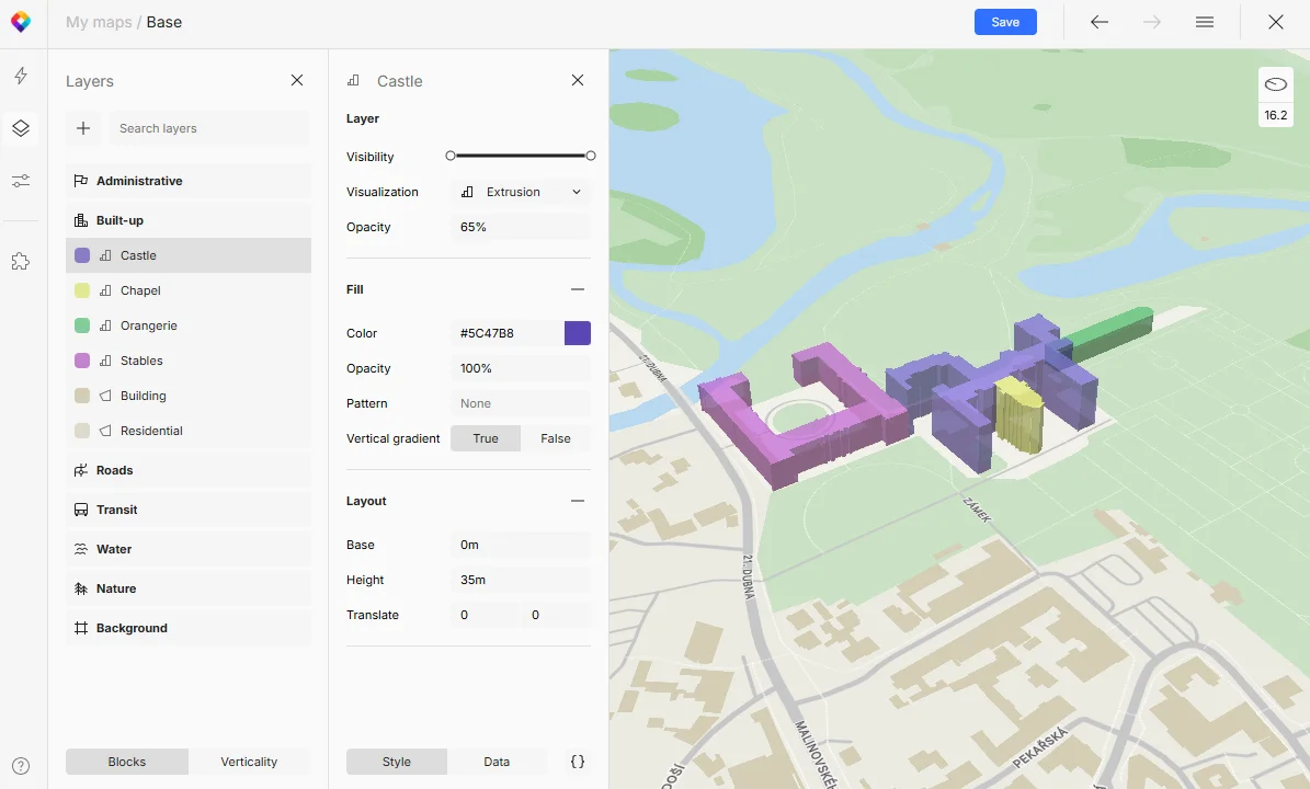 Style multiple buildings differently